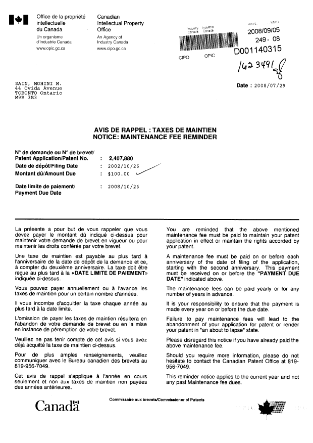 Canadian Patent Document 2407880. Fees 20071205. Image 1 of 1