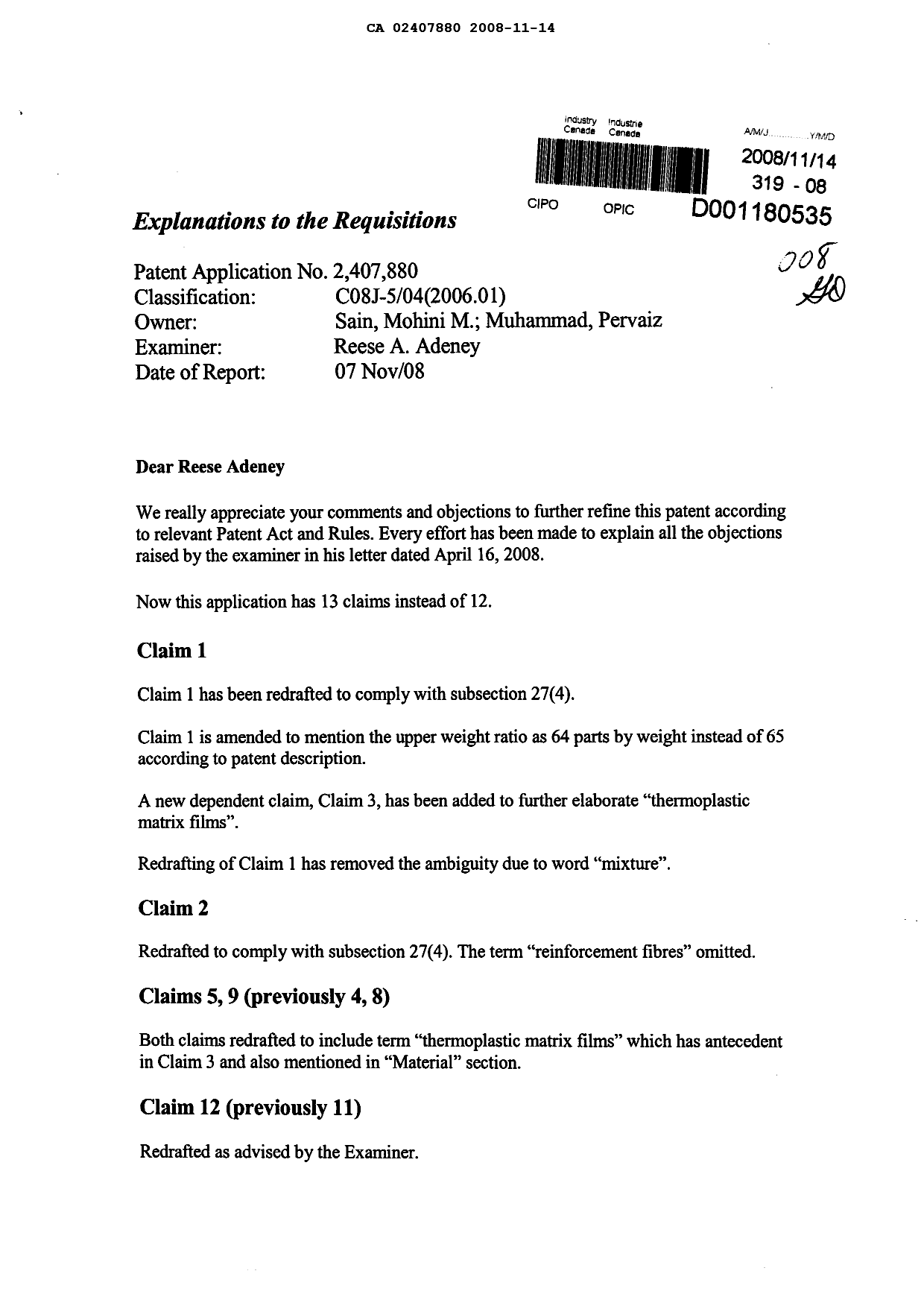 Document de brevet canadien 2407880. Poursuite-Amendment 20071214. Image 1 de 25