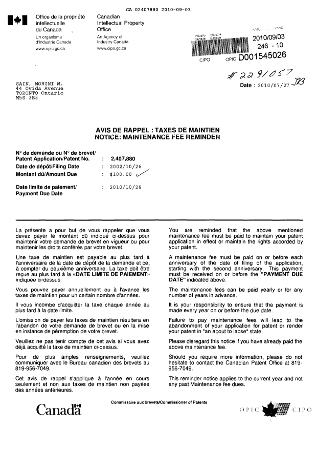 Document de brevet canadien 2407880. Taxes 20100903. Image 1 de 1