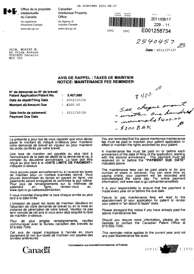 Document de brevet canadien 2407880. Taxes 20110817. Image 1 de 2
