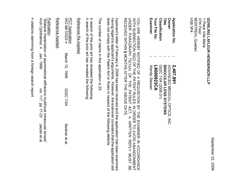 Canadian Patent Document 2407891. Prosecution-Amendment 20080922. Image 1 of 2