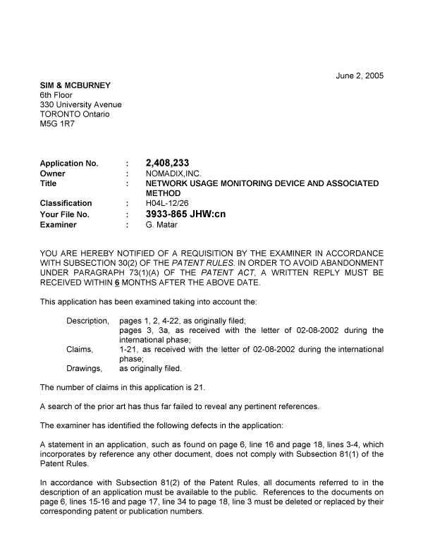 Canadian Patent Document 2408233. Prosecution-Amendment 20050602. Image 1 of 2