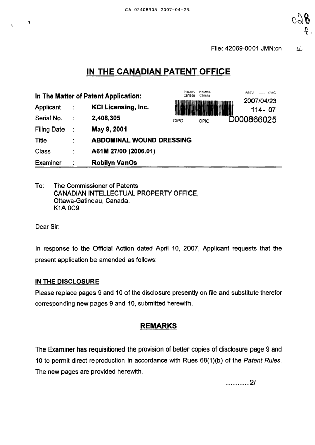 Canadian Patent Document 2408305. Correspondence 20061223. Image 1 of 4