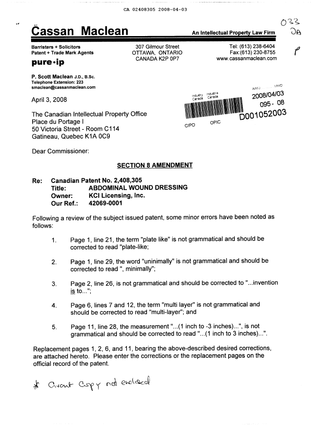 Canadian Patent Document 2408305. Correspondence 20071203. Image 1 of 6
