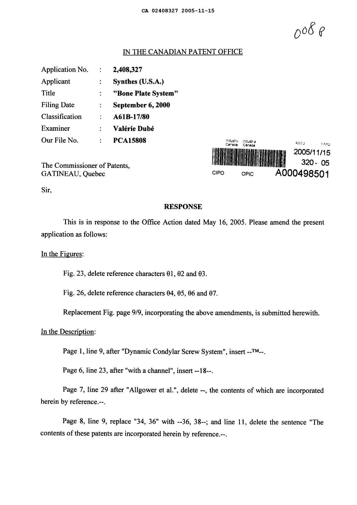 Canadian Patent Document 2408327. Prosecution-Amendment 20051115. Image 1 of 13