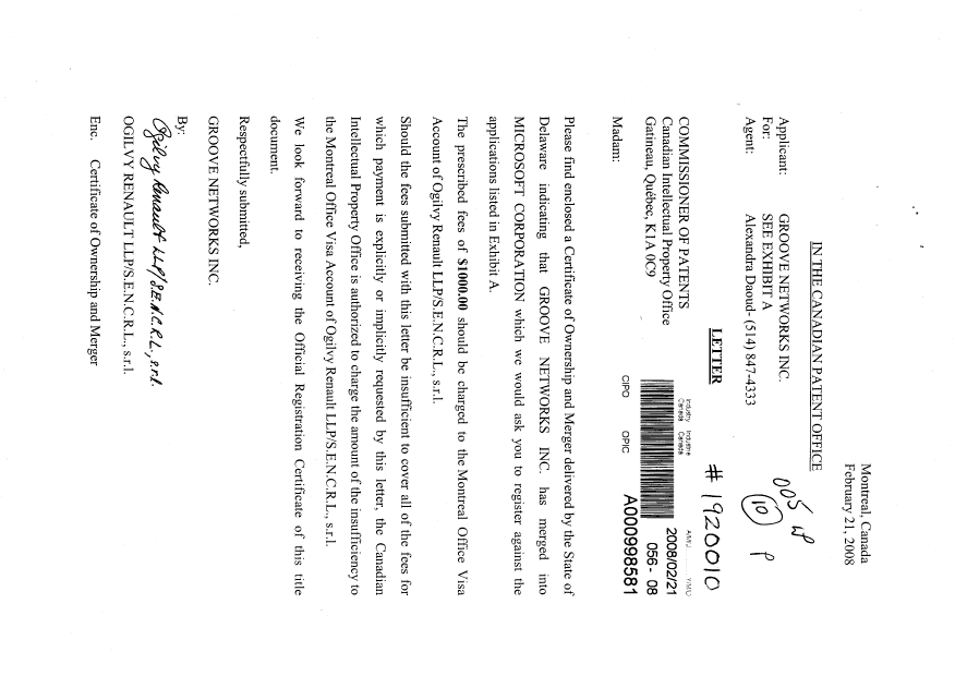 Canadian Patent Document 2408437. Assignment 20080221. Image 1 of 5