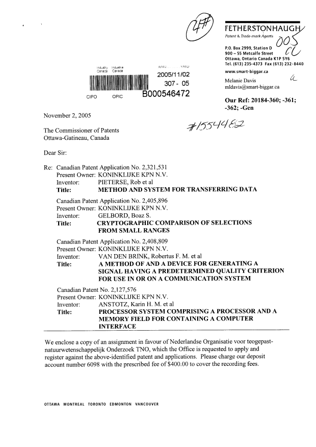 Canadian Patent Document 2408809. Assignment 20051102. Image 1 of 4
