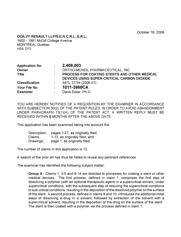 Canadian Patent Document 2409003. Prosecution-Amendment 20081016. Image 1 of 4