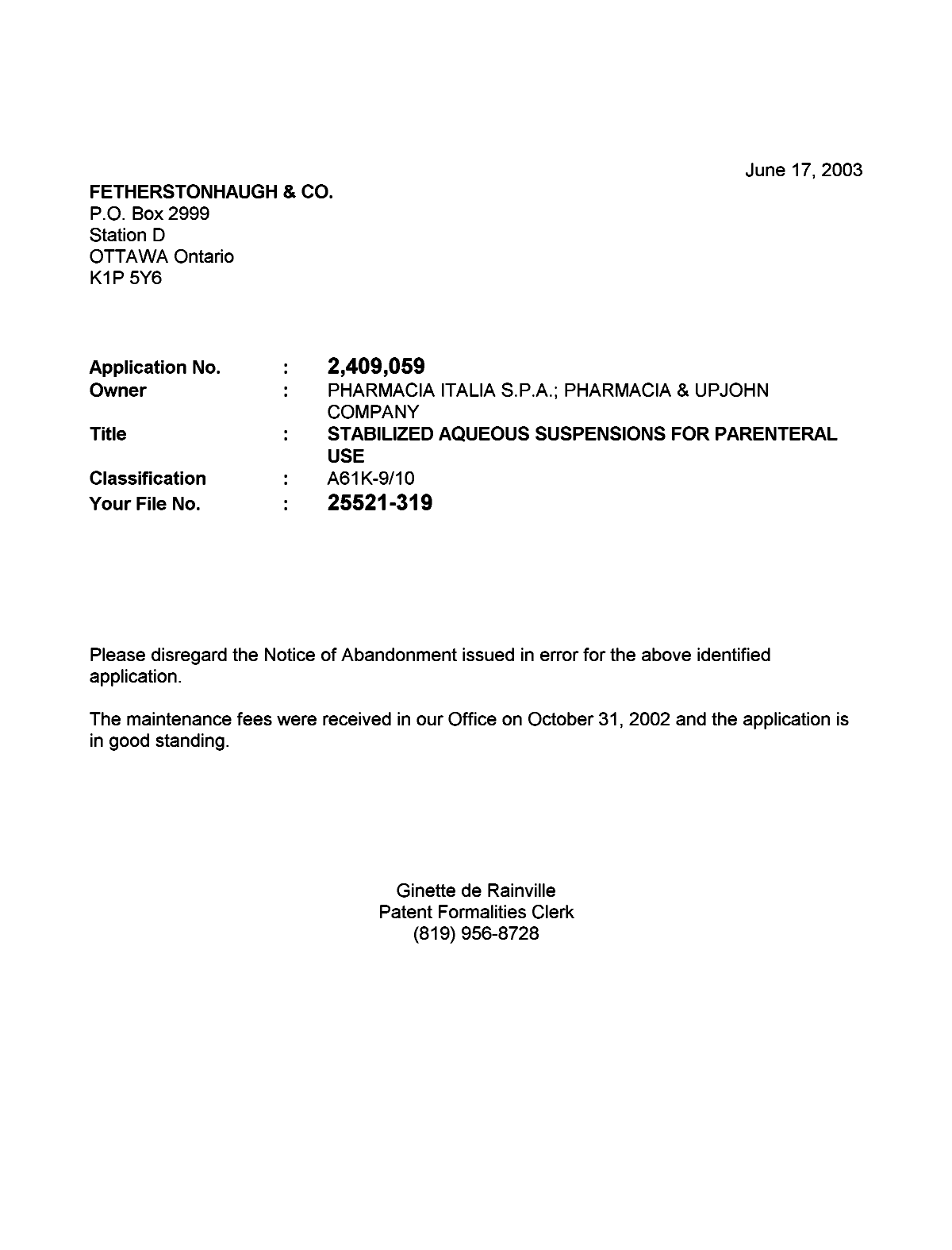 Document de brevet canadien 2409059. Correspondance 20021210. Image 1 de 1