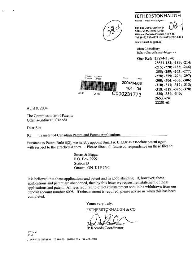 Document de brevet canadien 2409059. Correspondance 20031208. Image 1 de 2
