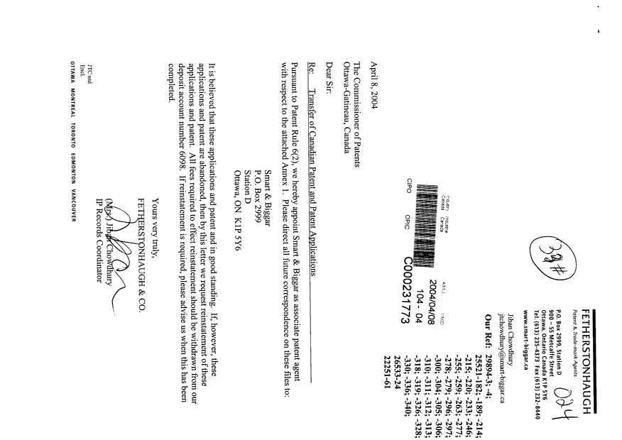 Canadian Patent Document 2409059. Correspondence 20031208. Image 1 of 2