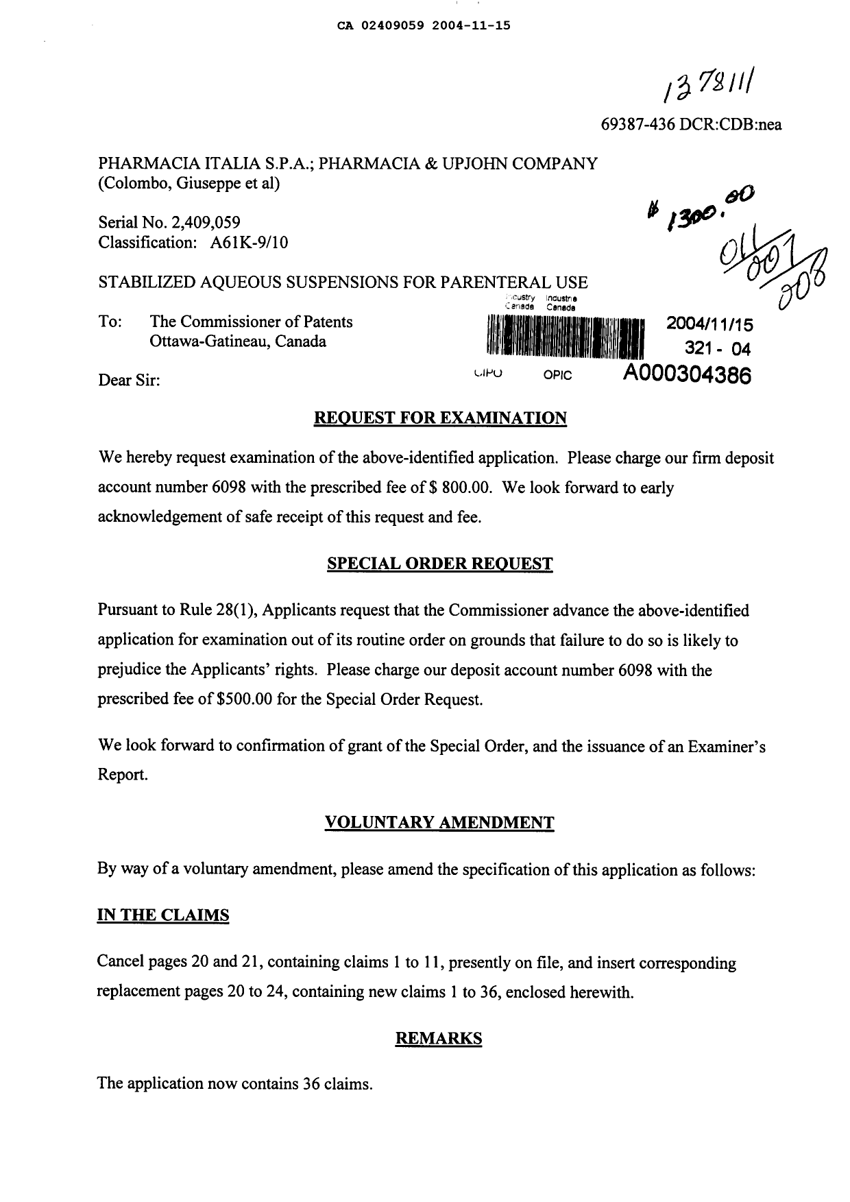 Canadian Patent Document 2409059. Prosecution-Amendment 20031215. Image 1 of 7