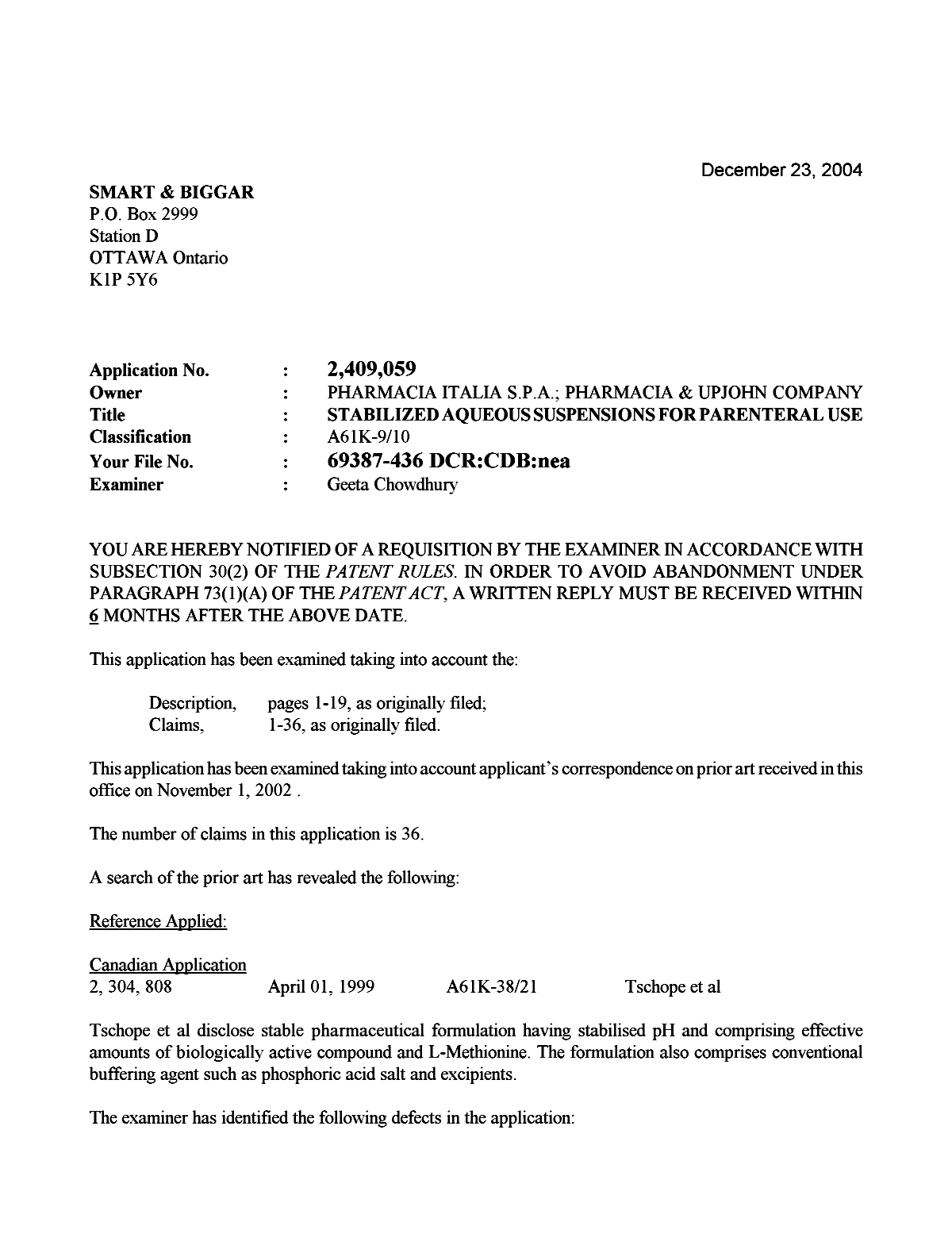Canadian Patent Document 2409059. Prosecution-Amendment 20031223. Image 1 of 2