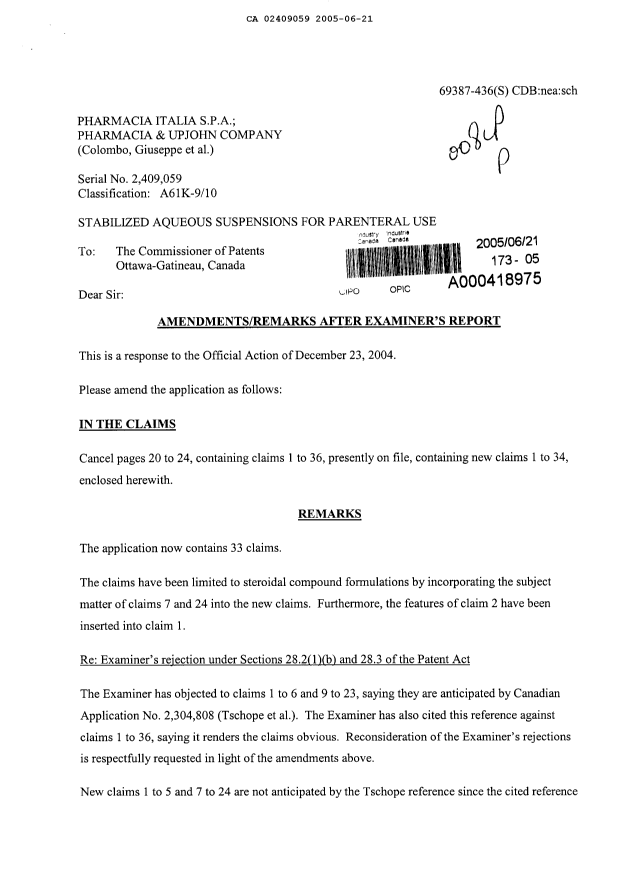 Canadian Patent Document 2409059. Prosecution-Amendment 20041221. Image 1 of 7