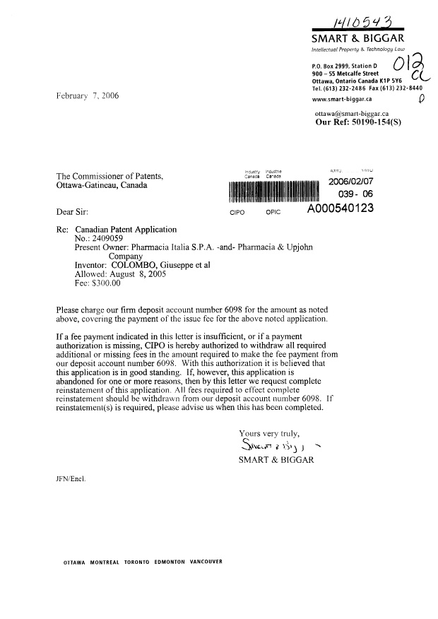 Canadian Patent Document 2409059. Correspondence 20051207. Image 1 of 1