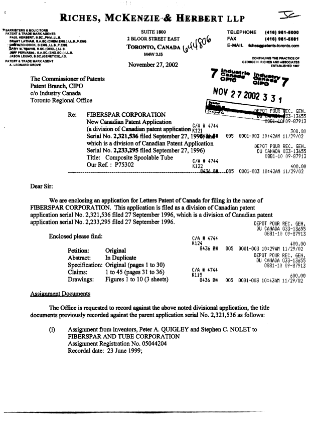 Document de brevet canadien 2409304. Cession 20021127. Image 1 de 5