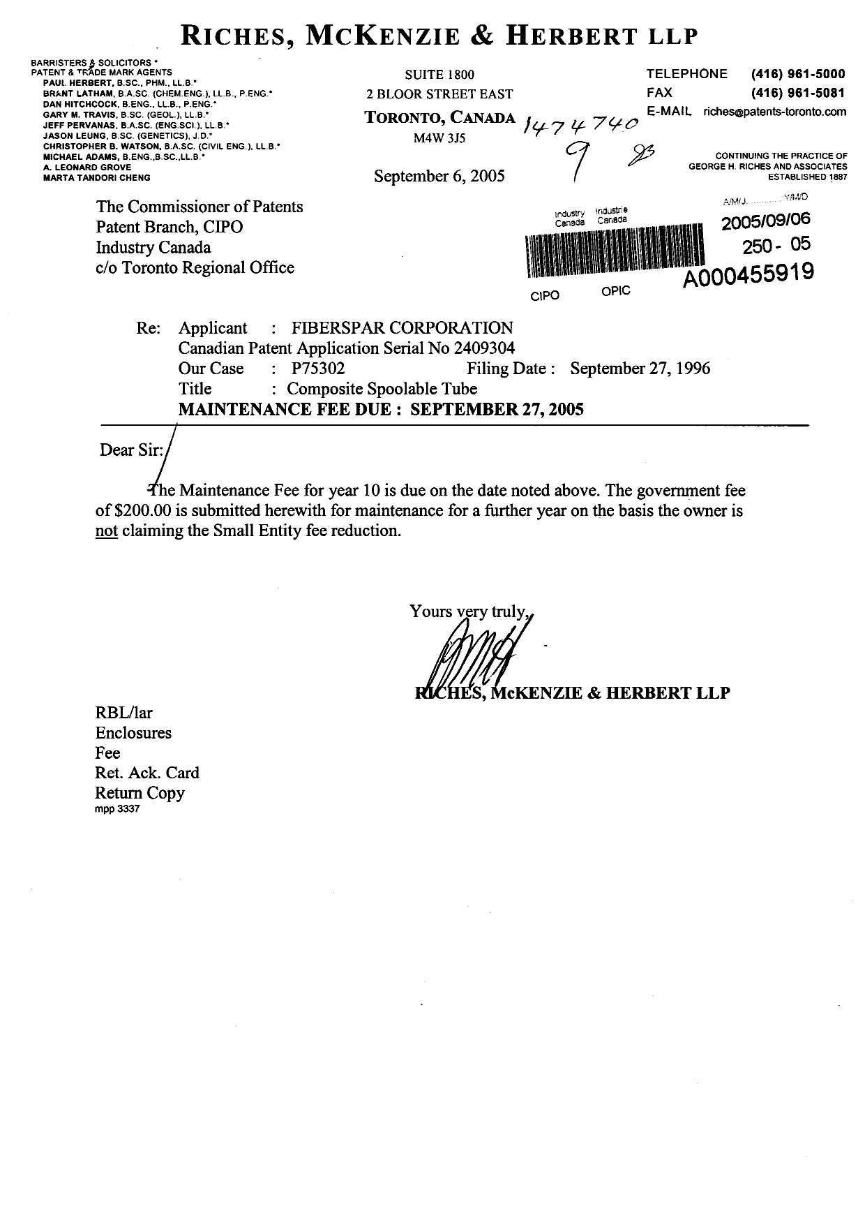 Canadian Patent Document 2409304. Fees 20050906. Image 1 of 1