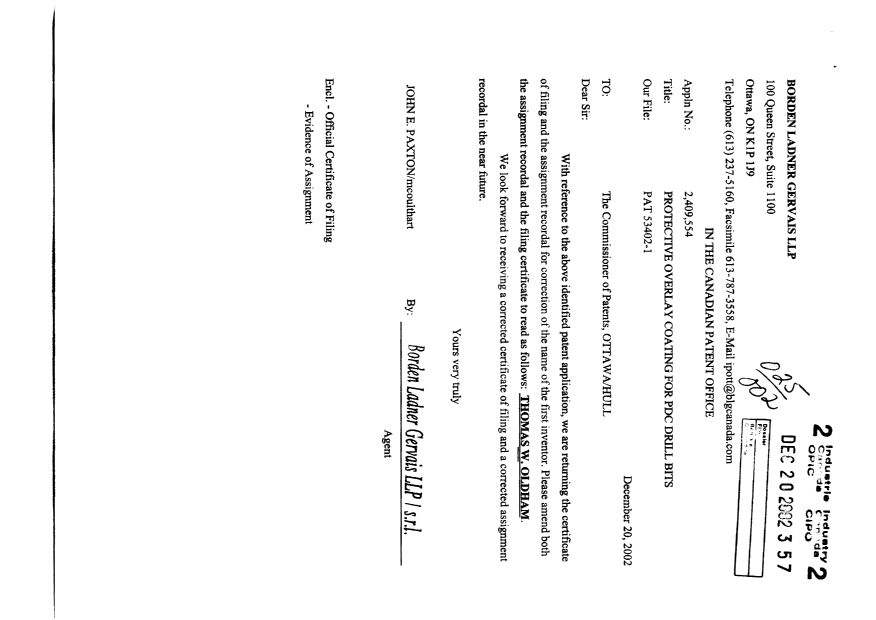 Canadian Patent Document 2409554. Correspondence 20011220. Image 1 of 2