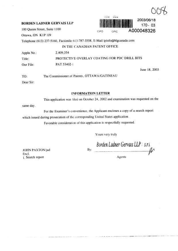 Canadian Patent Document 2409554. Prosecution-Amendment 20021218. Image 1 of 1