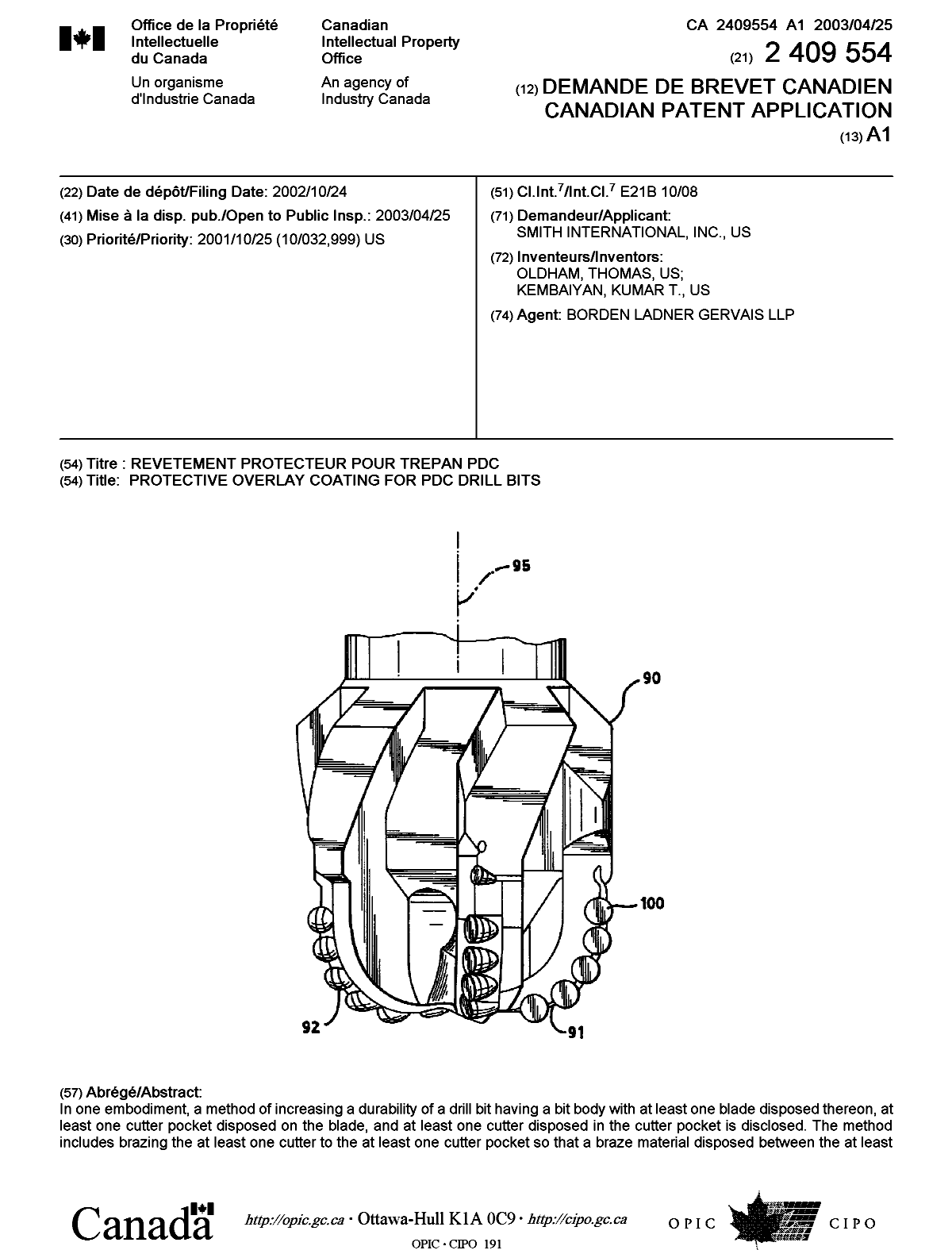 Canadian Patent Document 2409554. Cover Page 20030328. Image 1 of 2