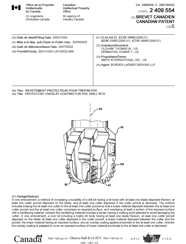 Document de brevet canadien 2409554. Page couverture 20070503. Image 1 de 1