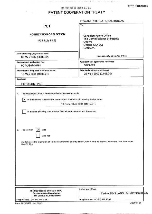 Document de brevet canadien 2409642. PCT 20021121. Image 1 de 7