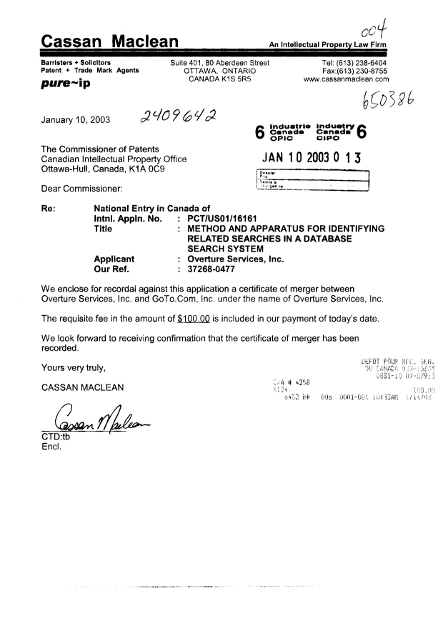 Document de brevet canadien 2409642. Cession 20030110. Image 1 de 5
