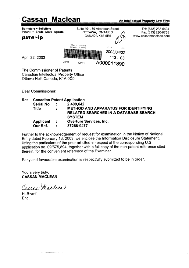 Document de brevet canadien 2409642. Poursuite-Amendment 20030422. Image 1 de 1