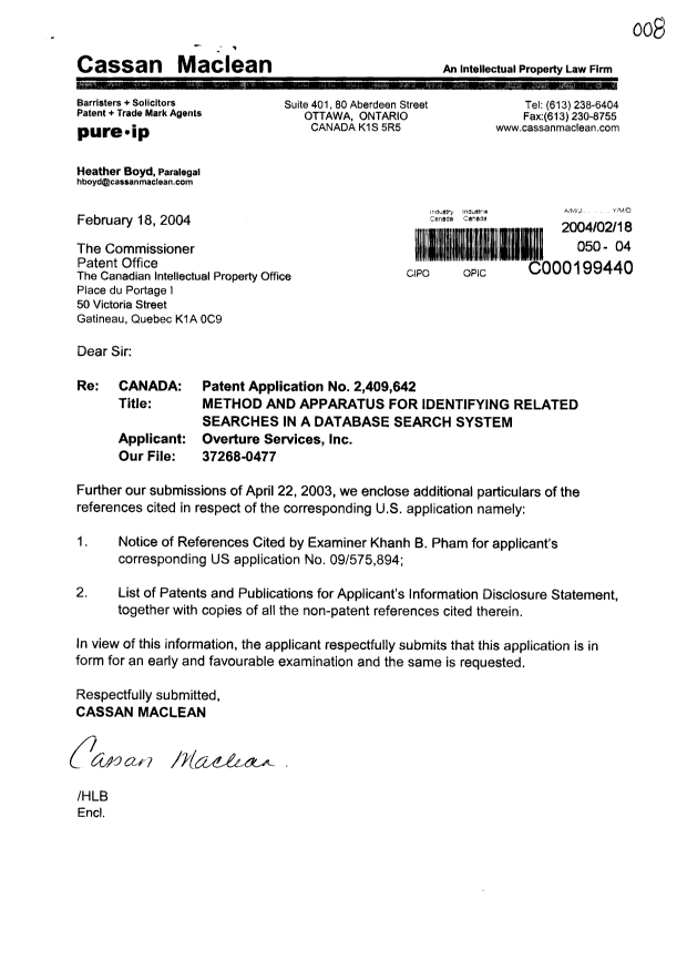 Document de brevet canadien 2409642. Poursuite-Amendment 20040218. Image 1 de 1