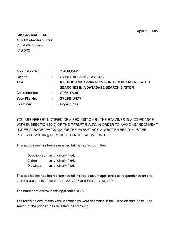 Document de brevet canadien 2409642. Poursuite-Amendment 20050419. Image 1 de 3