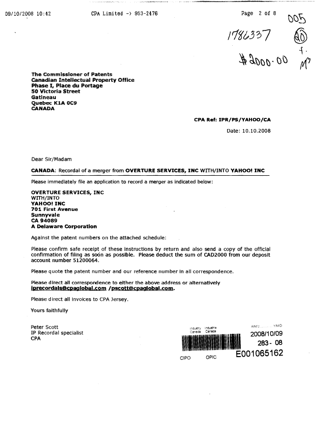 Document de brevet canadien 2409642. Cession 20081009. Image 1 de 8