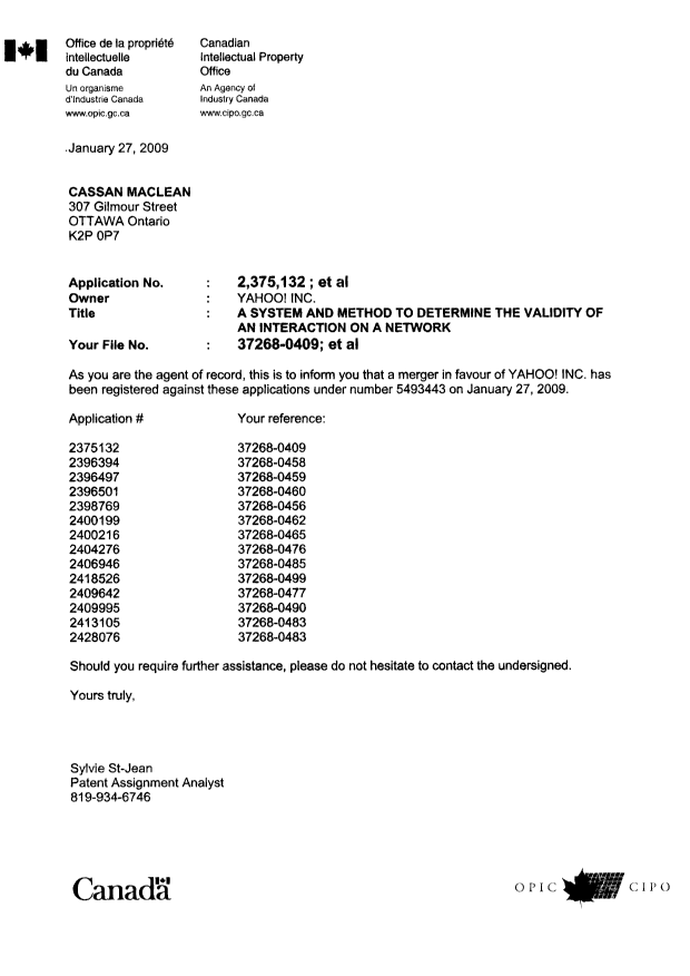Document de brevet canadien 2409642. Correspondance 20090127. Image 1 de 1