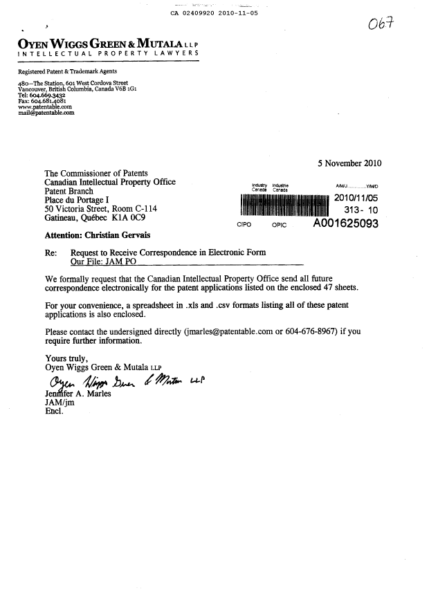 Canadian Patent Document 2409920. Correspondence 20091205. Image 1 of 1