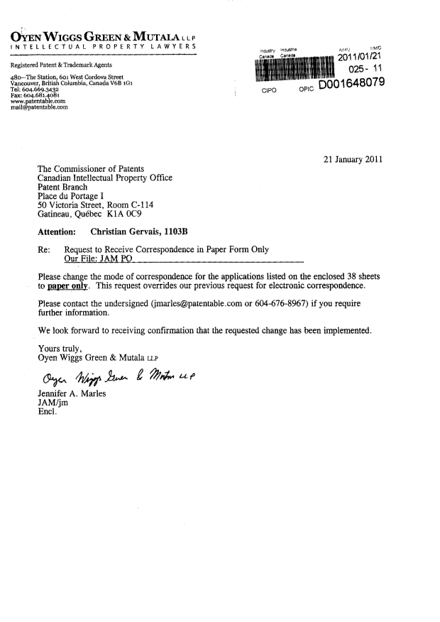 Canadian Patent Document 2409920. Correspondence 20101221. Image 1 of 2
