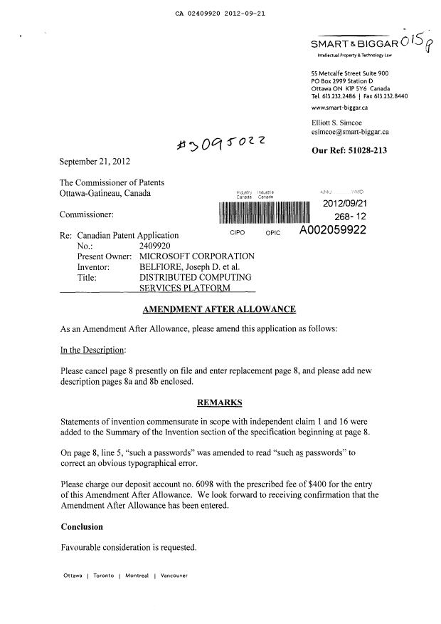 Canadian Patent Document 2409920. Prosecution-Amendment 20111221. Image 1 of 5