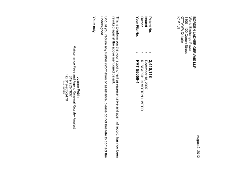 Canadian Patent Document 2410118. Correspondence 20120802. Image 1 of 1