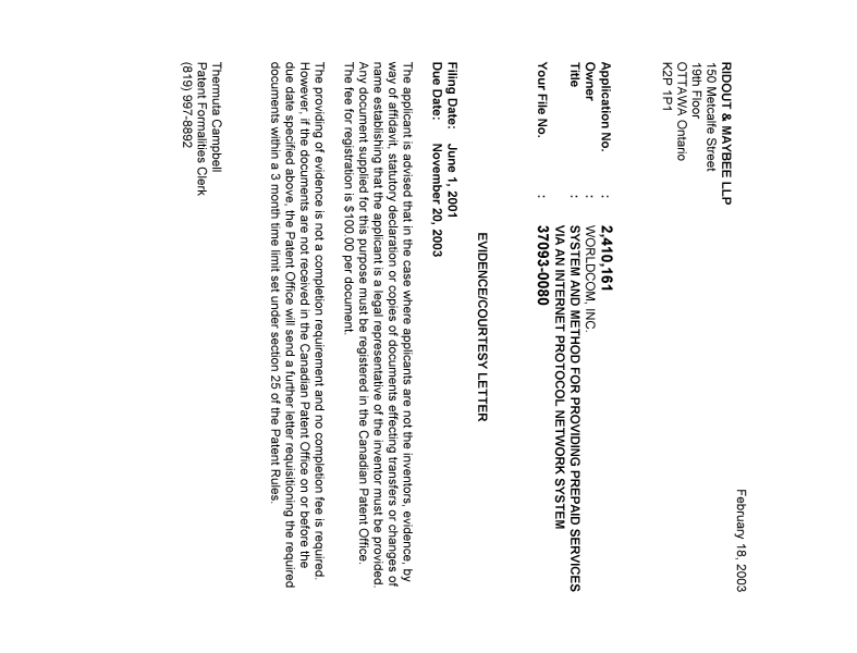 Canadian Patent Document 2410161. Correspondence 20030213. Image 1 of 1