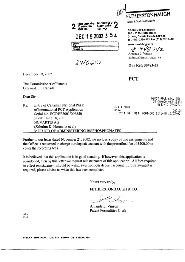 Canadian Patent Document 2410201. Assignment 20011219. Image 1 of 3