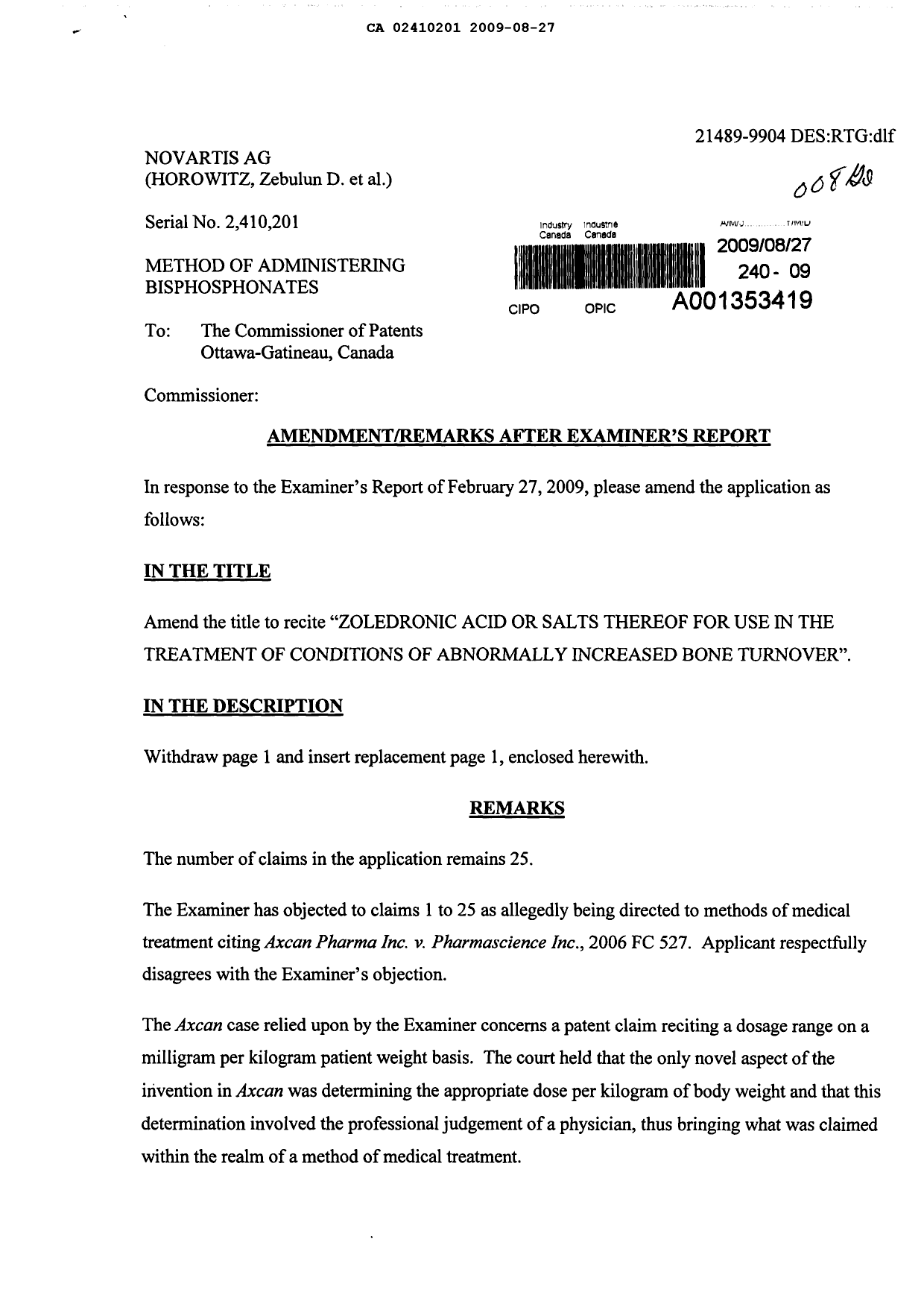 Canadian Patent Document 2410201. Prosecution-Amendment 20081227. Image 1 of 4