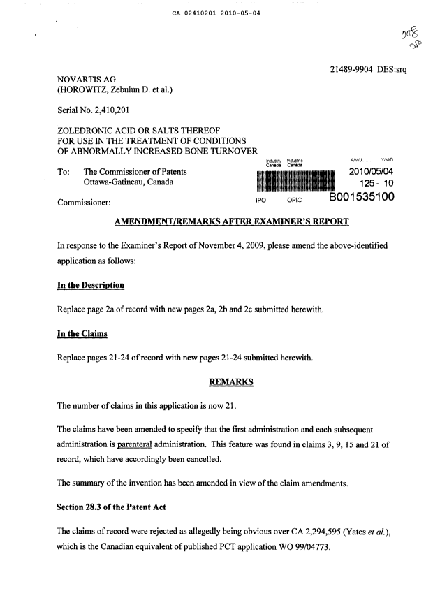Canadian Patent Document 2410201. Prosecution-Amendment 20091204. Image 1 of 11
