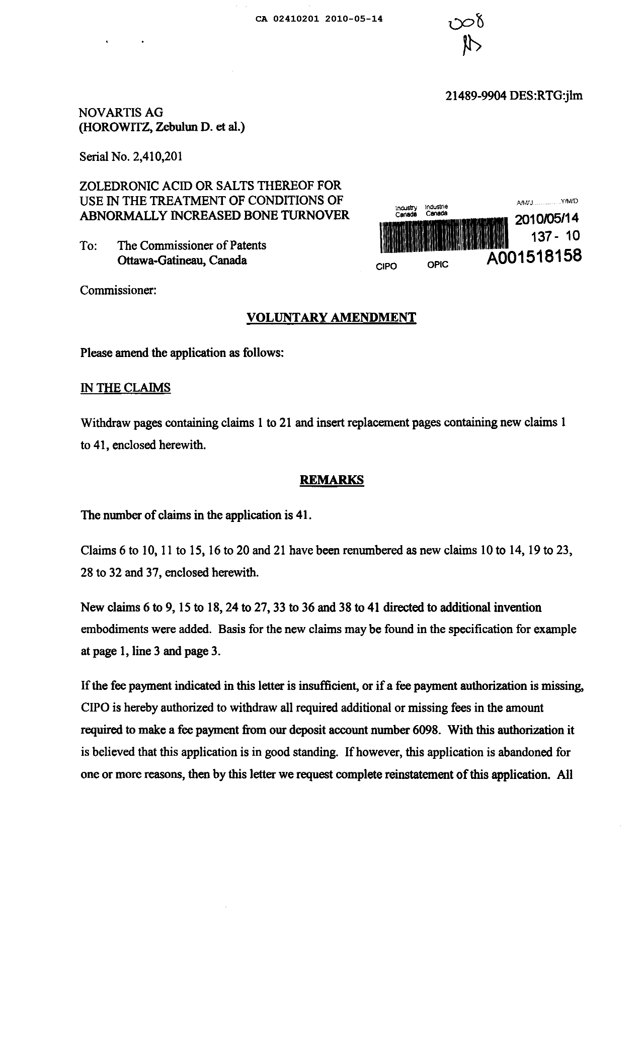 Canadian Patent Document 2410201. Prosecution-Amendment 20091214. Image 1 of 9