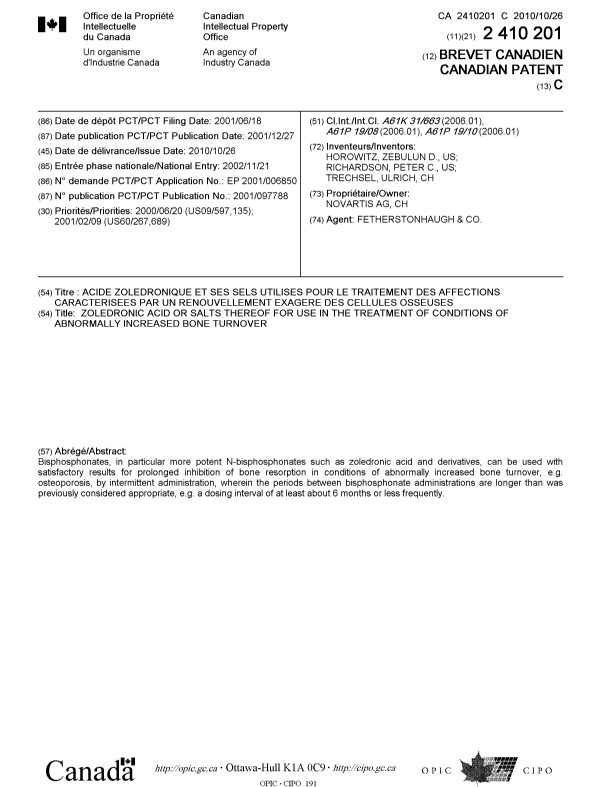 Document de brevet canadien 2410201. Page couverture 20091215. Image 1 de 1
