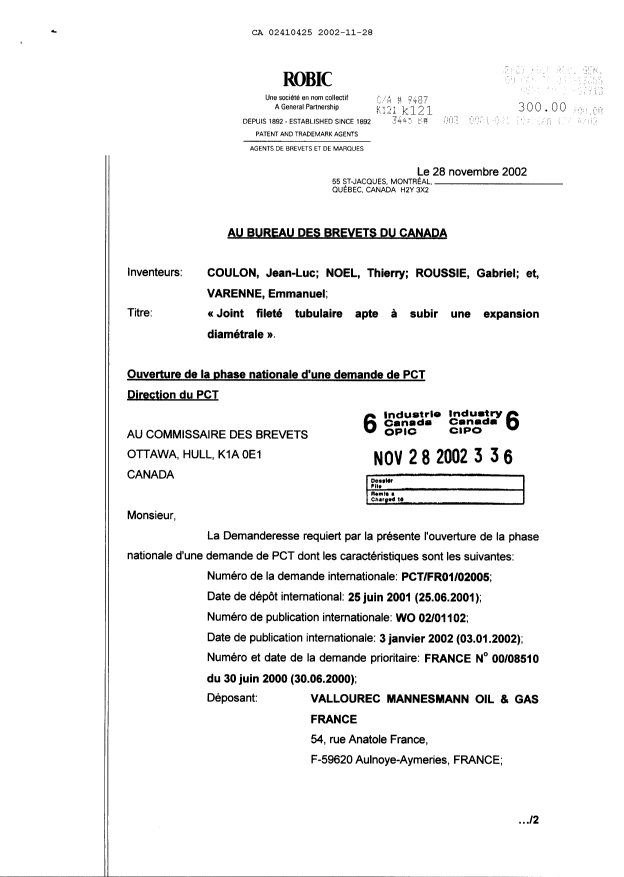 Document de brevet canadien 2410425. Cession 20021128. Image 1 de 6