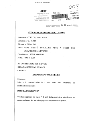 Canadian Patent Document 2410425. Prosecution-Amendment 20040415. Image 1 of 10