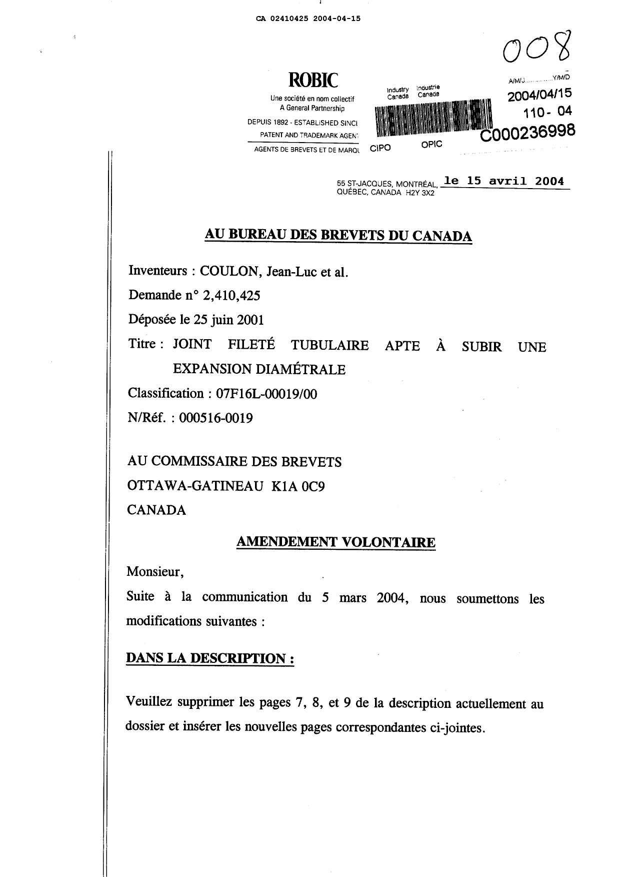 Canadian Patent Document 2410425. Prosecution-Amendment 20040415. Image 1 of 10