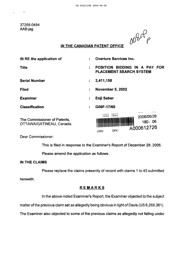 Canadian Patent Document 2411158. Prosecution-Amendment 20060628. Image 1 of 11