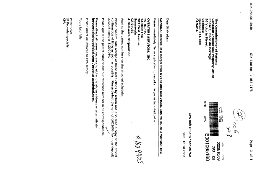 Canadian Patent Document 2411158. Assignment 20081009. Image 1 of 4