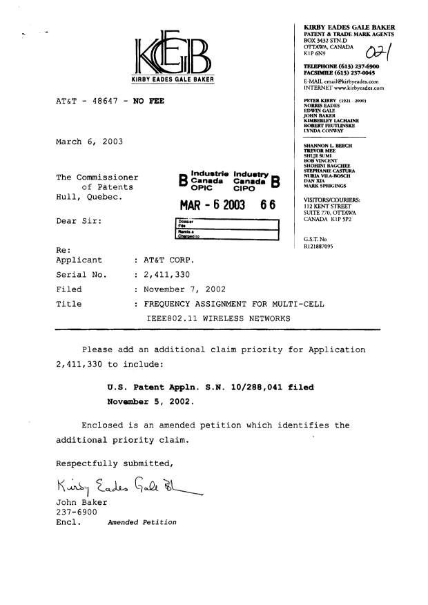 Document de brevet canadien 2411330. Correspondance 20030306. Image 1 de 3