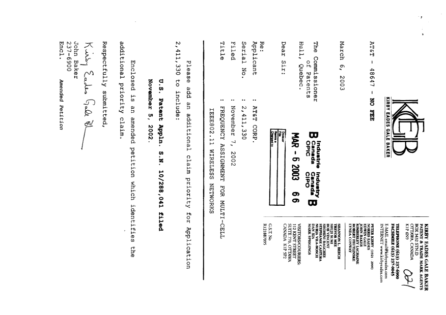 Canadian Patent Document 2411330. Correspondence 20030306. Image 1 of 3