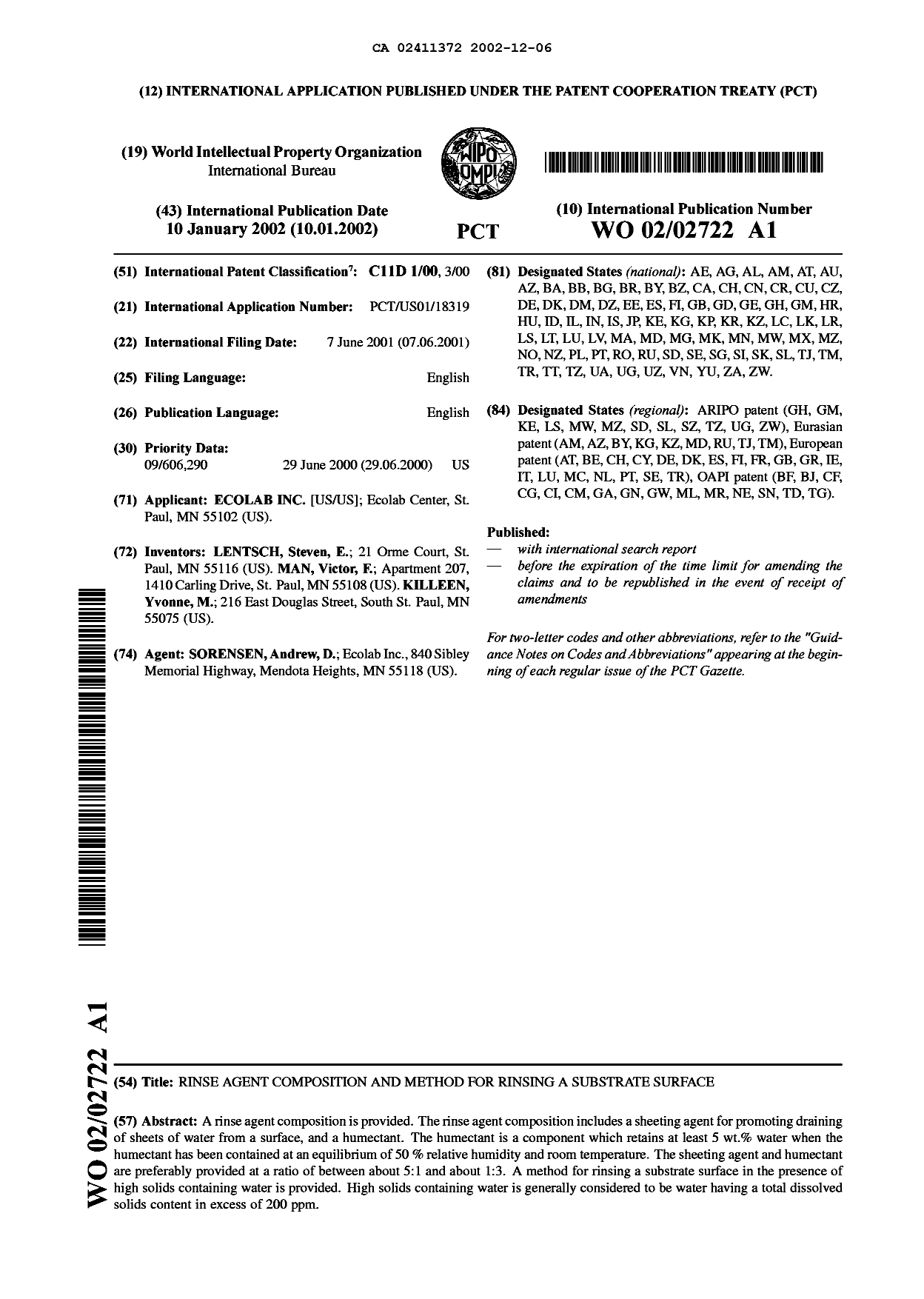 Canadian Patent Document 2411372. Abstract 20021206. Image 1 of 1
